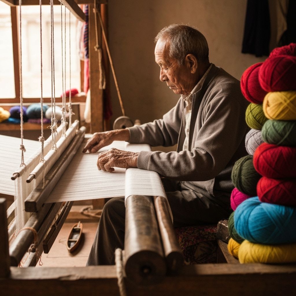 Artisan in Kathmandu hand-weaving a pashmina.