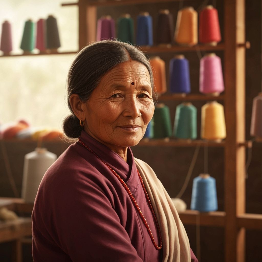 Artisan in Kathmandu wearing a Story 1961 pashmina.