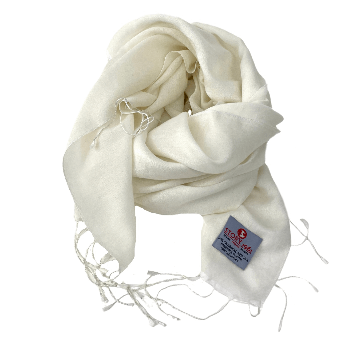 Story 1961 White Waterpashmina scarf hand-loomed in Nepal.